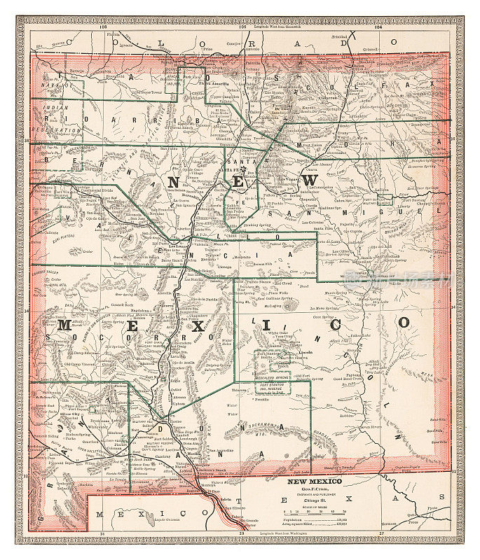 美国新墨西哥州地图，1883年