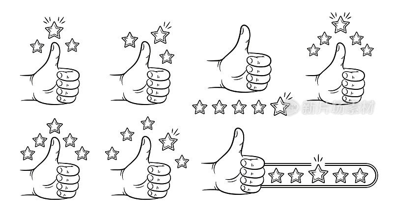 手拇指向上用星星像评分、客户反馈、信誉、客户好评线图标设置。互联网用户投票。最好的建议。三到五个正面质量排名。不错的意见。向量