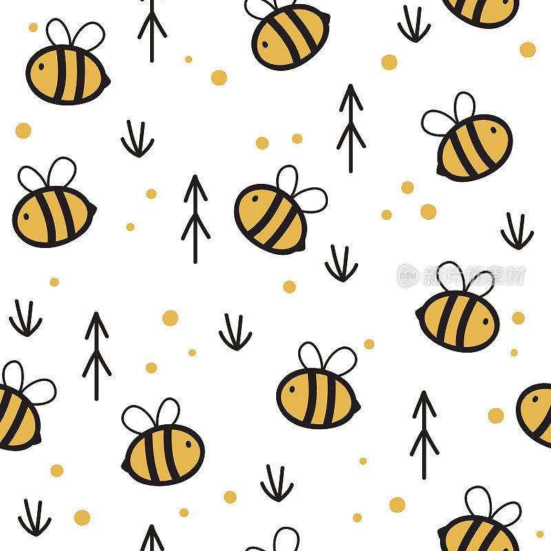 无缝图案与可爱的卡通蜜蜂。白色背景上的矢量插图。