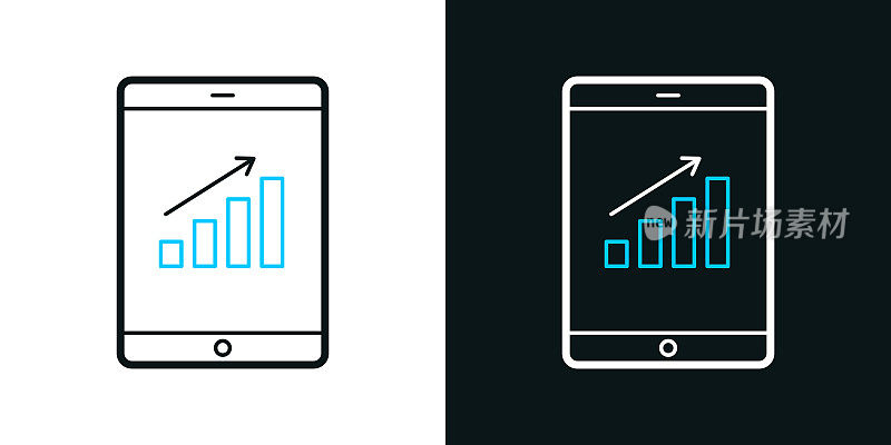 平板电脑上的增长图表。黑色或白色背景上的双色线条图标-可编辑笔触