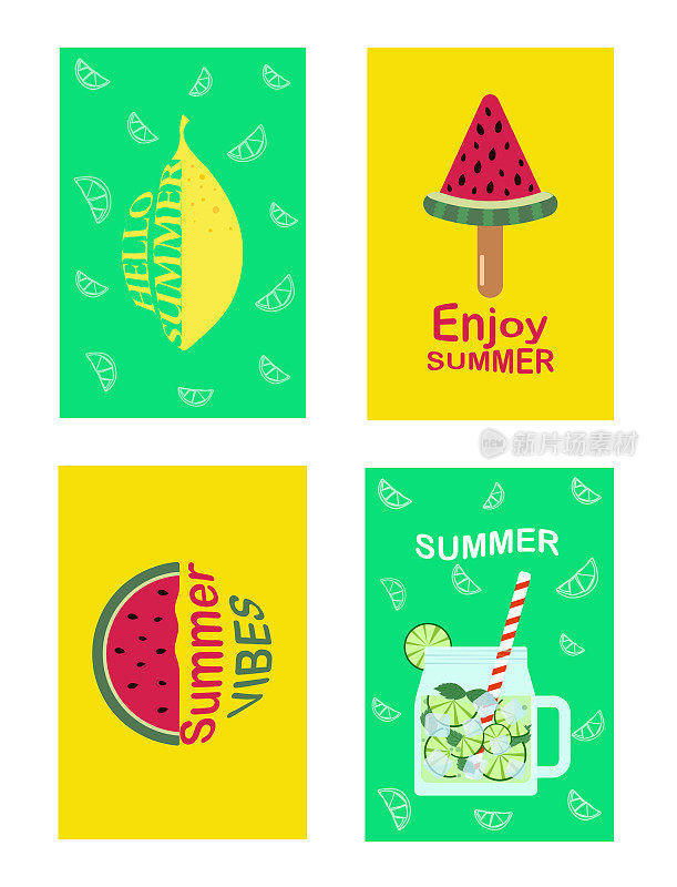 新鲜的夏季聚会海报设计模板与夏季的符号。背景为夏季主题，假期，周末。