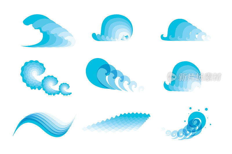 海浪图标，水符号，海洋波纹隔离，海洋流动的标志，弯曲线矢量说明