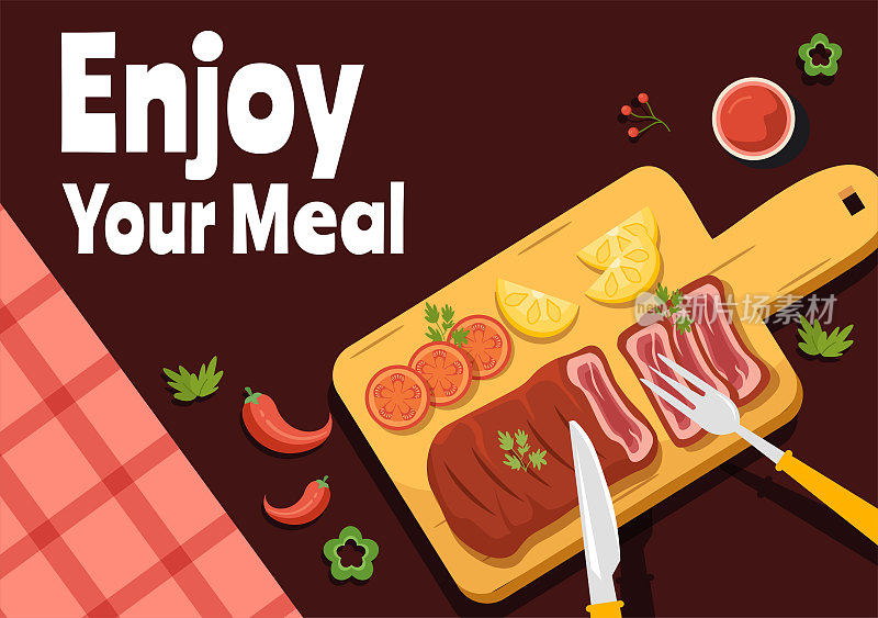 享受你的膳食矢量插图各种美味的食物在家里或餐厅在平面卡通手绘着陆页背景模板