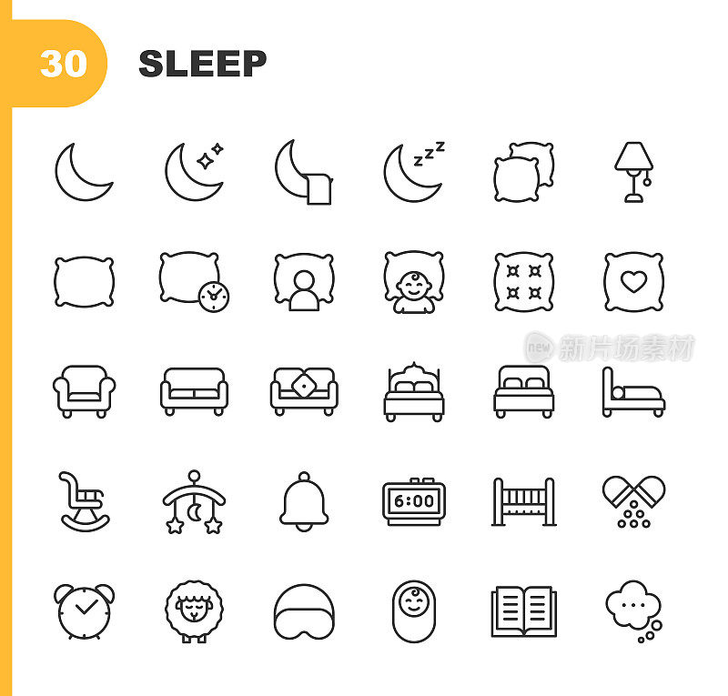 睡眠线图标。可编辑的中风。包含这样的图标，如月亮，床，星，夜，枕头，婴儿，闹钟，酒店，旅馆，双人床，睡觉。