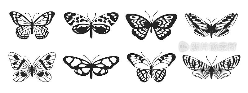 蝴蝶第五套黑白相间的翅膀以波浪线条和有机造型的风格呈现。Y2k美学，纹身轮廓，手绘贴纸。矢量图形在时尚的复古2000年代的风格