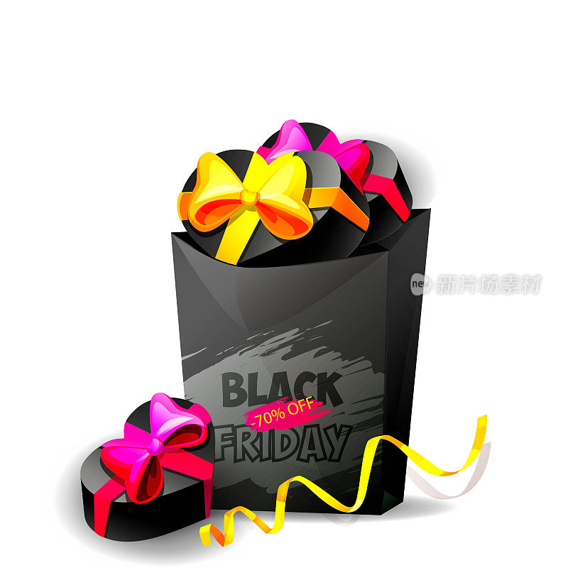 卡通风格的季节性销售概念。“黑色星期五”。黑色礼物纸袋与礼物和五彩纸屑在一个孤立的白色背景。明亮的创意节日海报或横幅。
