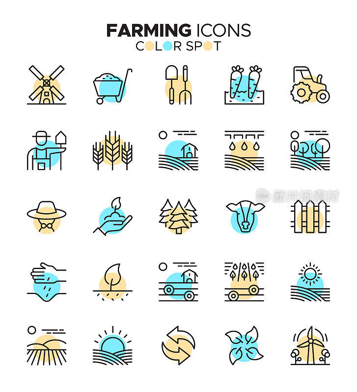 农场-细线矢量色斑图标集-像素完美，可编辑的笔触-农民，家畜，猪，鸡，农民，农业，蜜蜂，风车，小麦，花园，收获