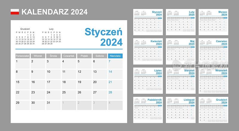 波兰日历为2024年。一周从周一开始。简单的矢量模板。业务设计规划师。