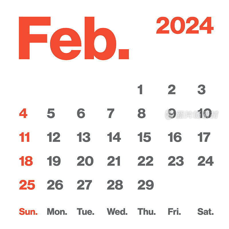 2024年2月-月历。极简风格的方形日历。向量模板。一周从周日开始