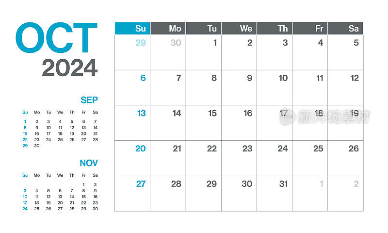 2024年10月-每月季度日历。极简风格的景观水平日历2024年。向量模板。这一周从星期一开始