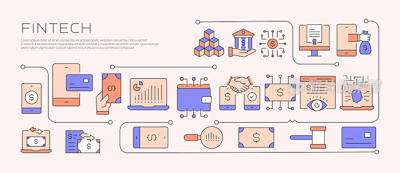 为网页、标题、小册子、年度报告和书籍封面设计金融科技相关的线条风格横幅