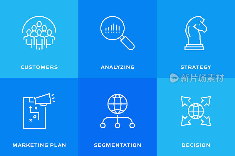 目标受众相关的矢量线图标。轮廓符号集合