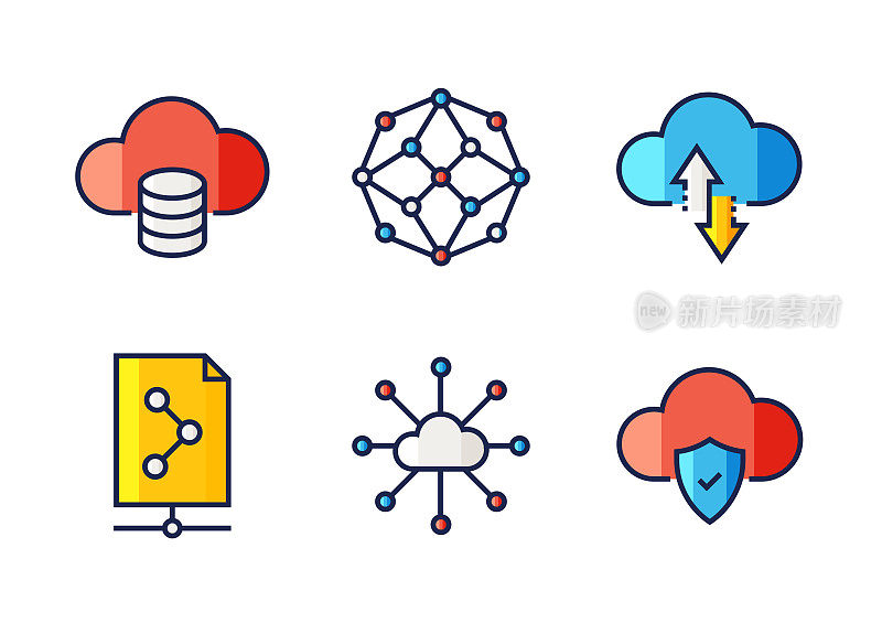 云技术相关的矢量细线图标。轮廓符号集合