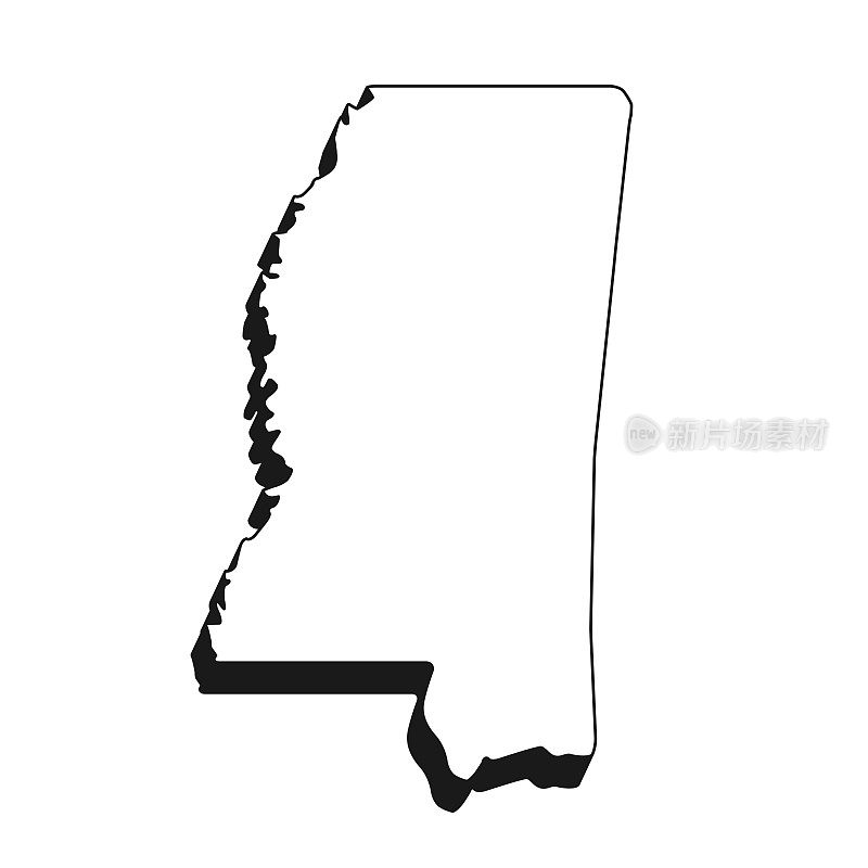 密西西比州地图黑色轮廓和阴影在白色的背景