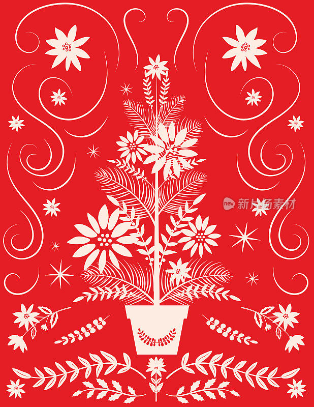 红色民间艺术圣诞卡-一品红树