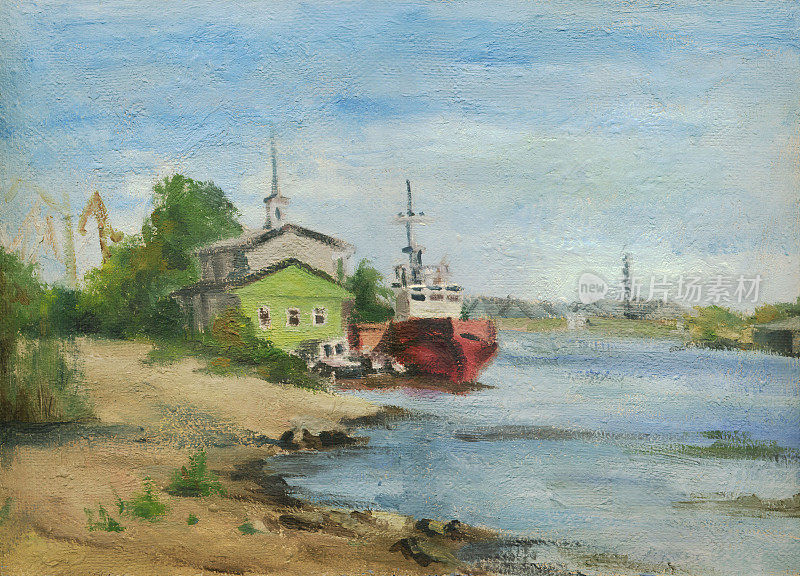 夏天的风景。在内河港口的船只。油画