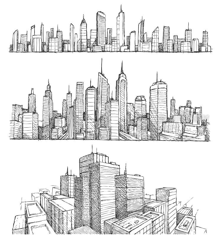 手绘大城市的城市景观和建筑