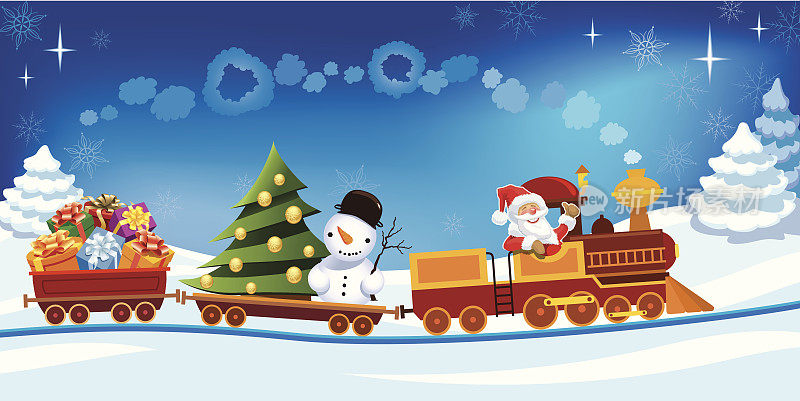 卡通火车与圣诞老人，礼物，树，雪人