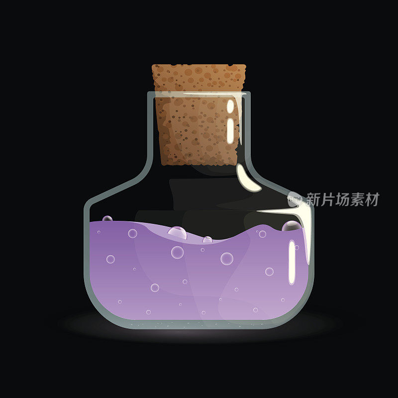 紫色的药水在带有塞子的玻璃瓶中游戏图标。