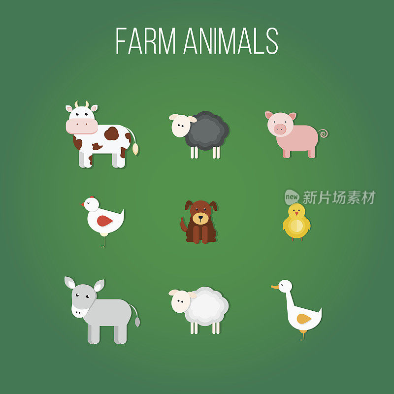 一组平面设计图标与农场动物