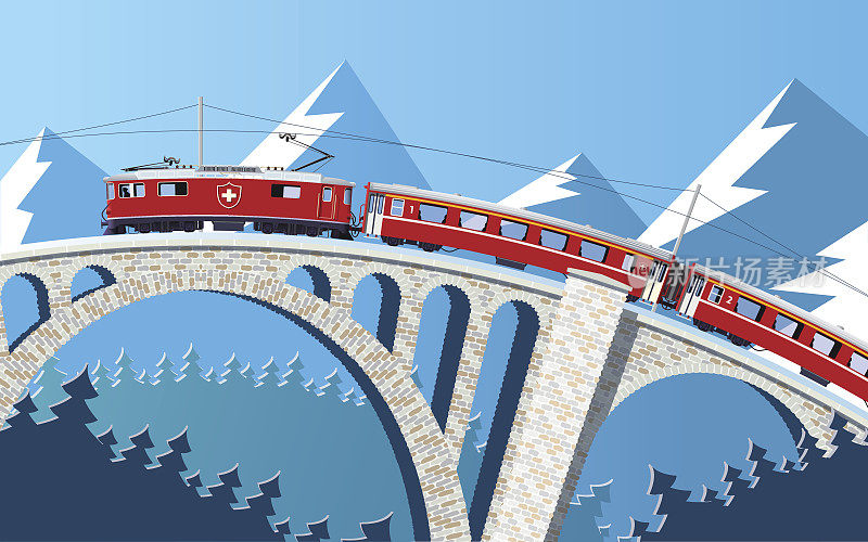 山地火车在桥上通过阿尔卑斯山