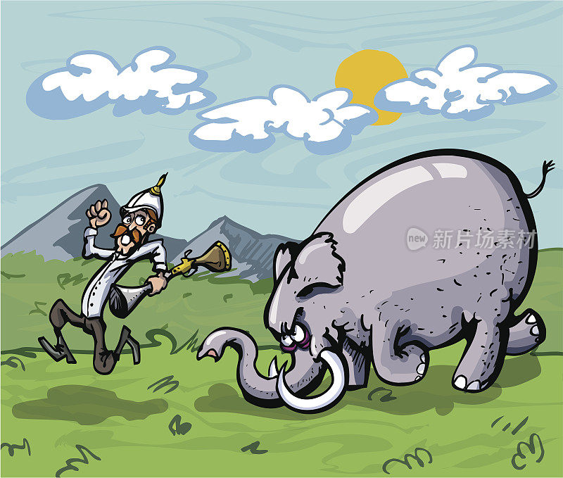 卡通猎人正在躲避大象