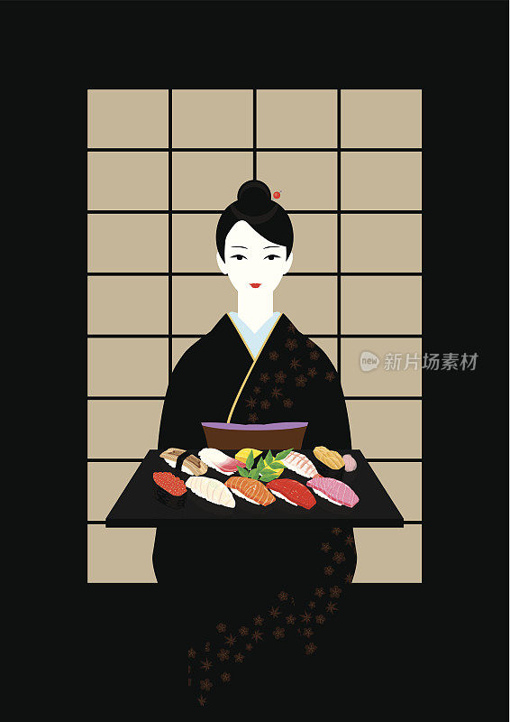 穿着和服和寿司的女人