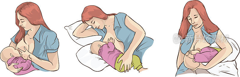 母乳喂养的姿势。以不同姿势哺乳的妇女。婴儿站着，背带，双胞胎，在枕头上，婴儿坐着，失去控制。妇女母乳喂养双胞胎。矢量插图。