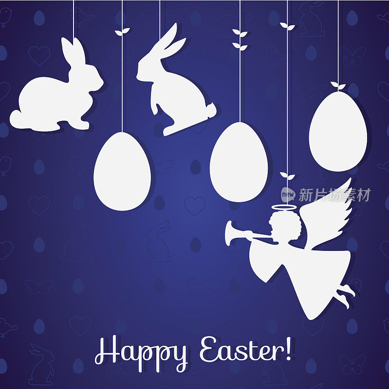复活节纸上装饰的形式有兔子、天使、鸡蛋。假日