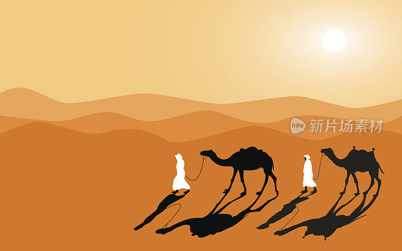 人类和骆驼可以穿越沙漠。日出。沙漠旅行。