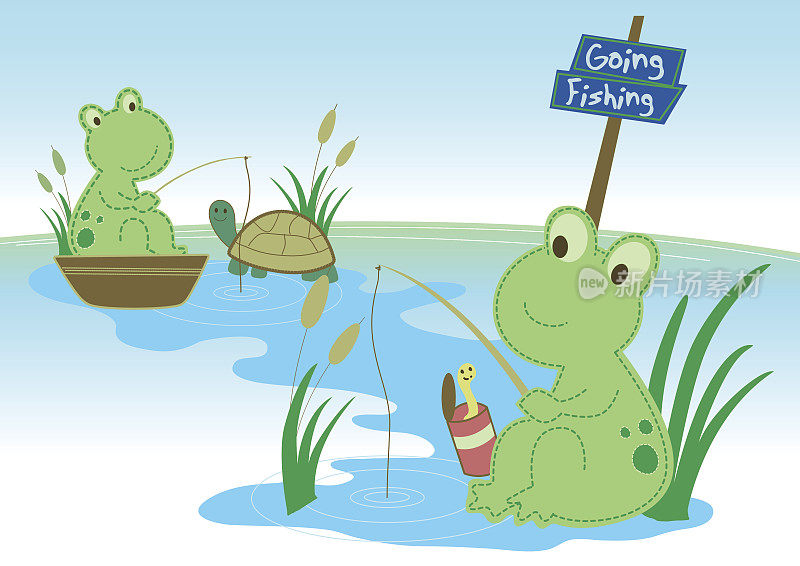 两只青蛙在池塘里钓鱼