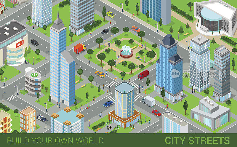 城市街区街道交通街区概念。现代时尚的平面三维等距信息图。街道建筑物，汽车，货车，冰淇淋广场，公园，喷泉，商业中心，公园。建立你自己的世界。