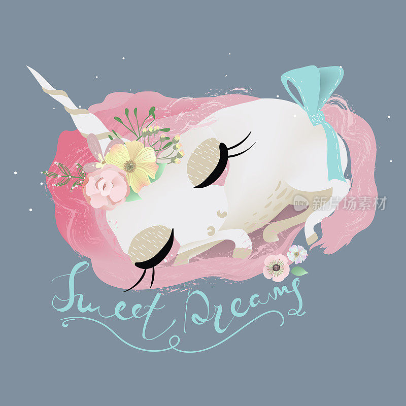 可爱的小独角兽公主做梦，和花儿一起睡觉