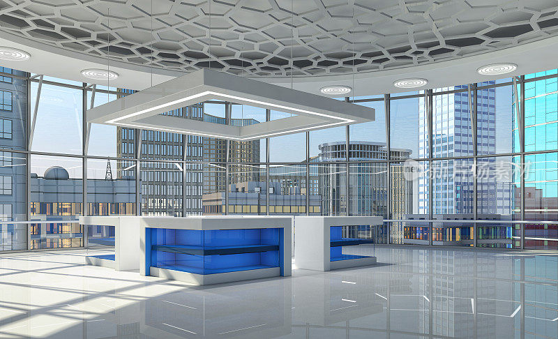 商业中心内部，大窗户，摩天大楼景观。