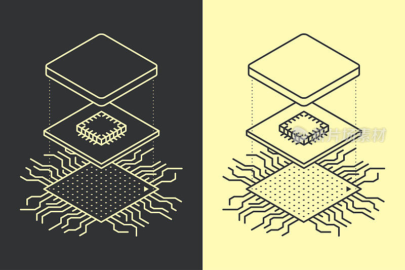 行艺术微芯片。中央处理器单元概念。等距矢量图