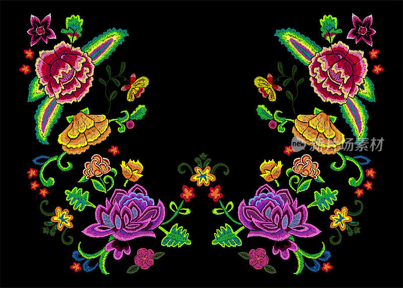 刺绣领口图案与彩色简化花。