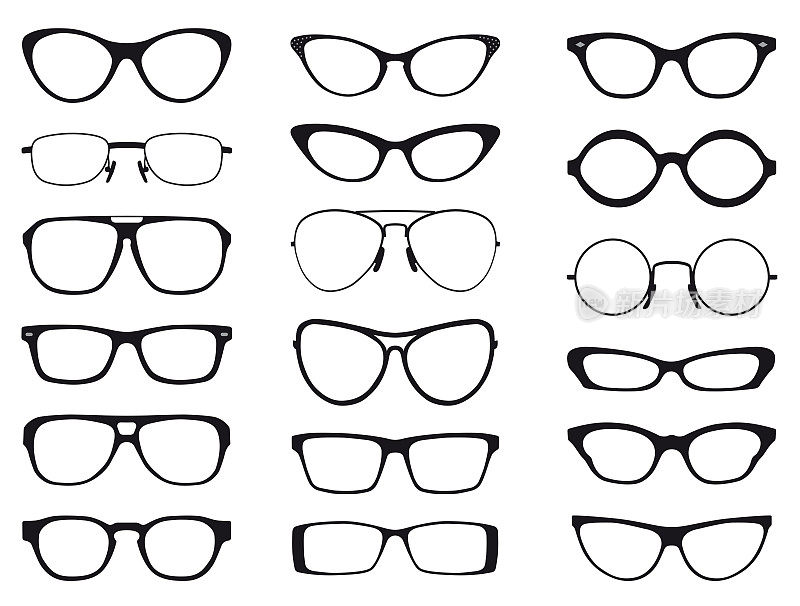 收藏时尚眼镜在黑色和白色的轮廓，向量