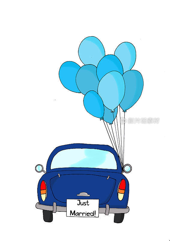 新婚-蓝色的汽车和气球