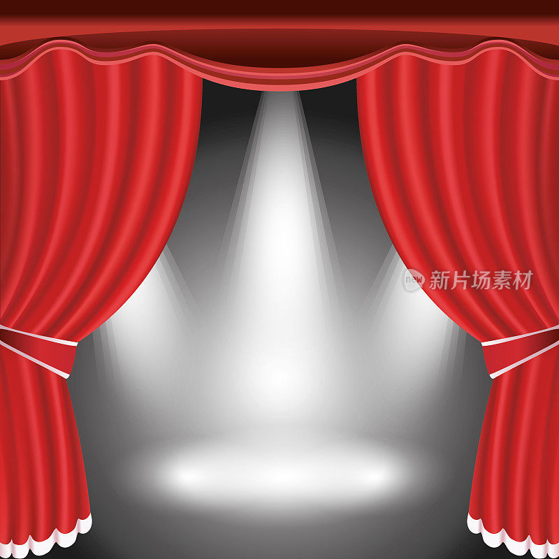剧场舞台，开放的红幕和聚光灯