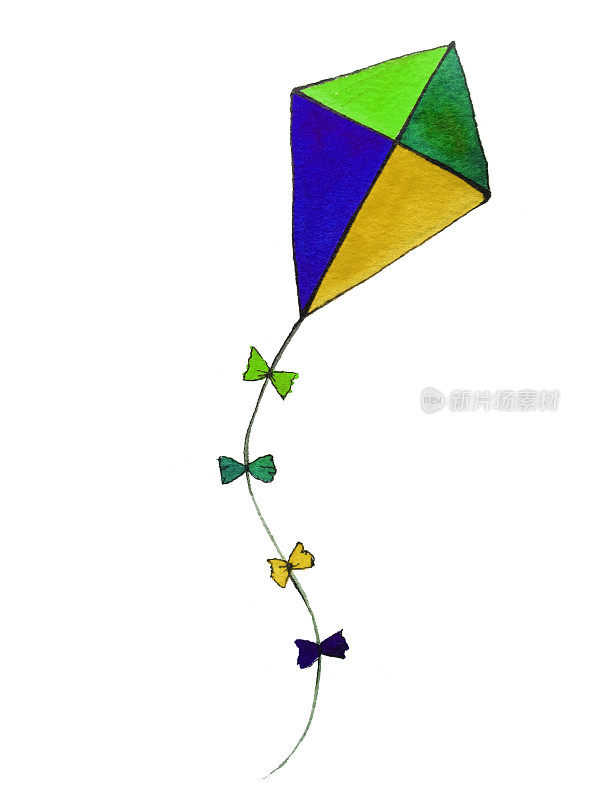 彩色的风筝，手绘水彩插图