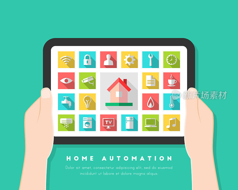 家庭自动化概念与用户界面和图标。手持式平板设计。