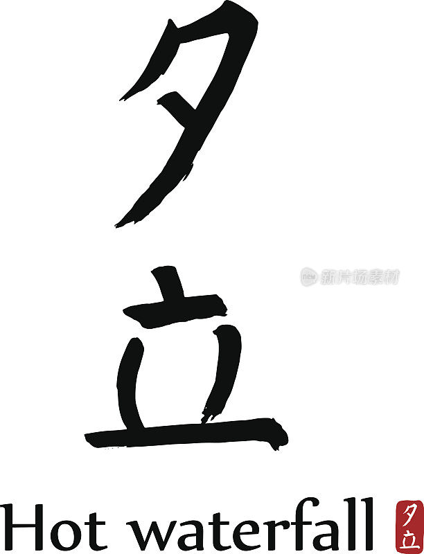 手绘象形文字翻译-热瀑布。矢量日本黑色符号在白色的背景。毛笔书法，红印黑字