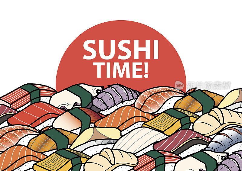 许多色彩丰富的寿司，红色的太阳和文字在白色的背景为海报，封面，纸盘垫或菜单。可爱的日本美食手绘风格。背景设计。