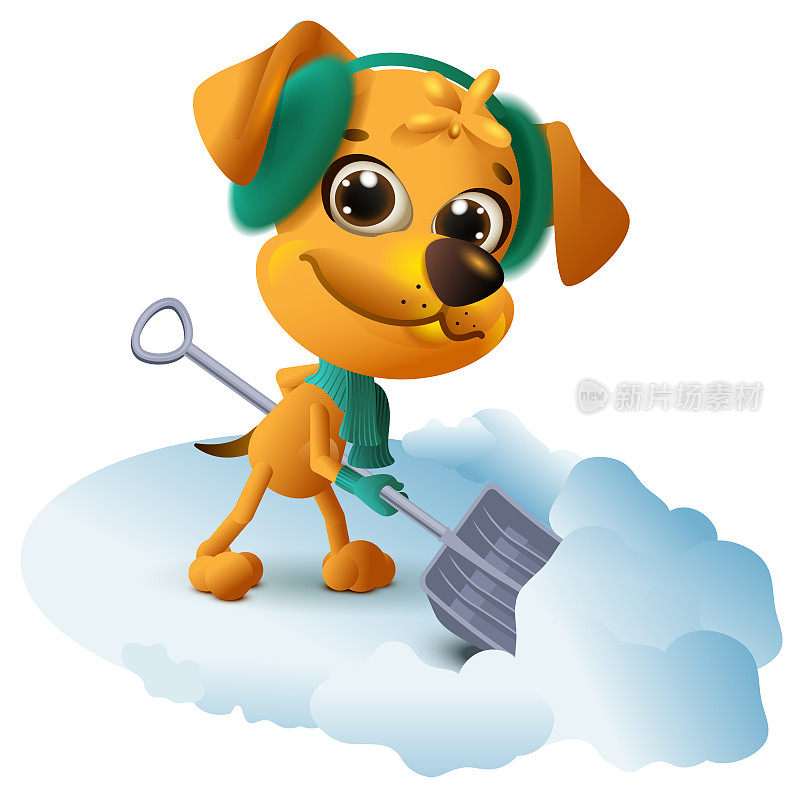 黄色的狗用铲子清理雪
