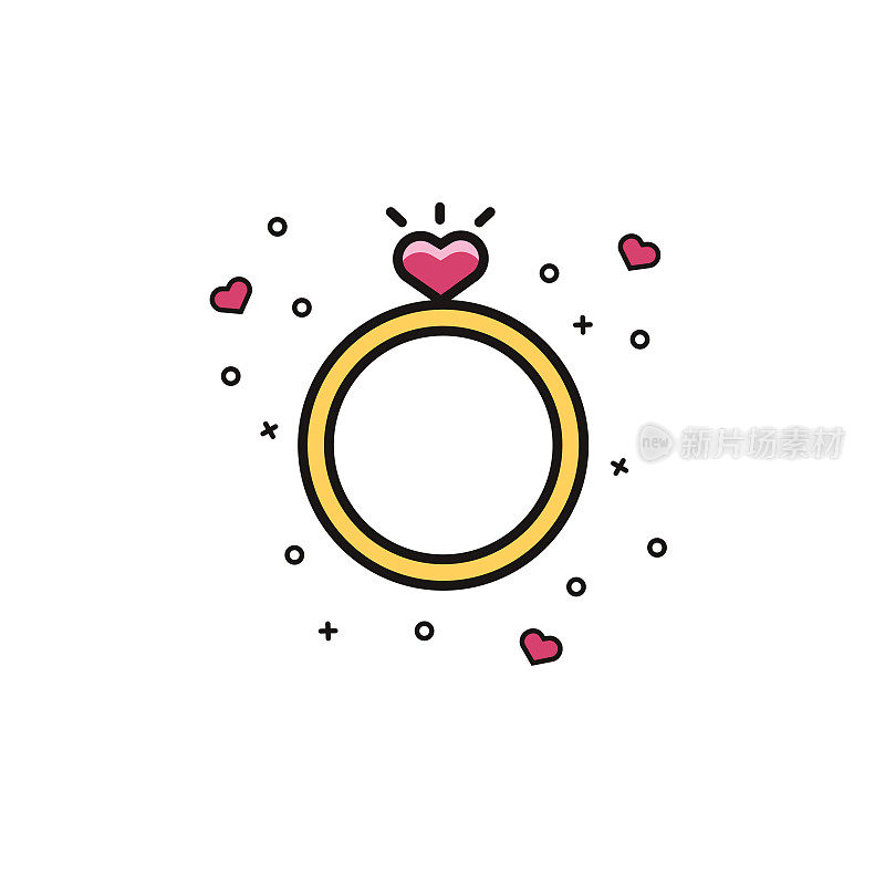 婚礼或订婚戒指与心形宝石-平面颜色线图标。可爱的女人珠宝象征情人节庆祝。