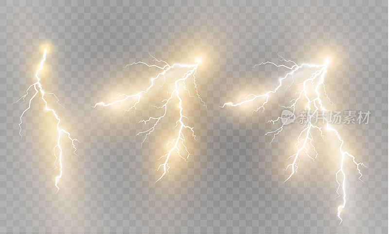 一套闪电魔术和明亮的灯光效果。矢量插图。放电电流。充电电流。自然现象。能源效应说明。明亮的灯光闪耀着火花