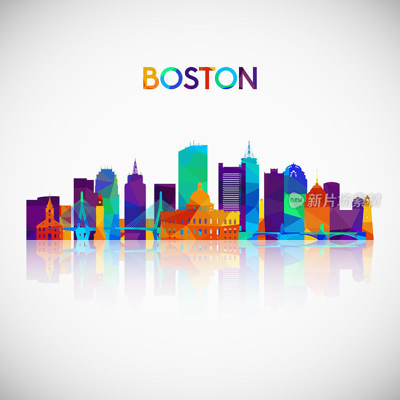 波士顿天际线轮廓在多彩的几何风格。你的设计符号。矢量插图。