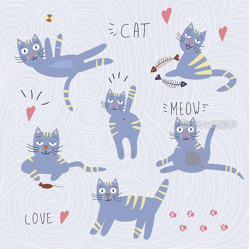 矢量图案与可爱的情感猫绘图字符