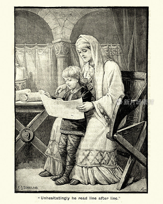 奥斯伯王后教她的儿子阿尔弗雷德大帝读书