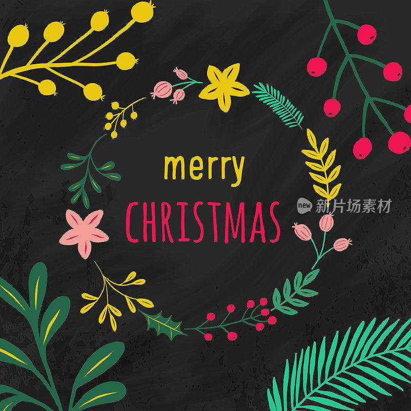 圣诞快乐鲜花框架与精致的叶子和浆果在黑板的背景。几何植物矢量设计框架。圣诞、新年概念、设计元素。